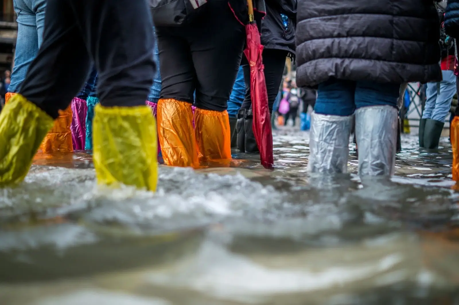 a group of people wearing rain boots and standing in water