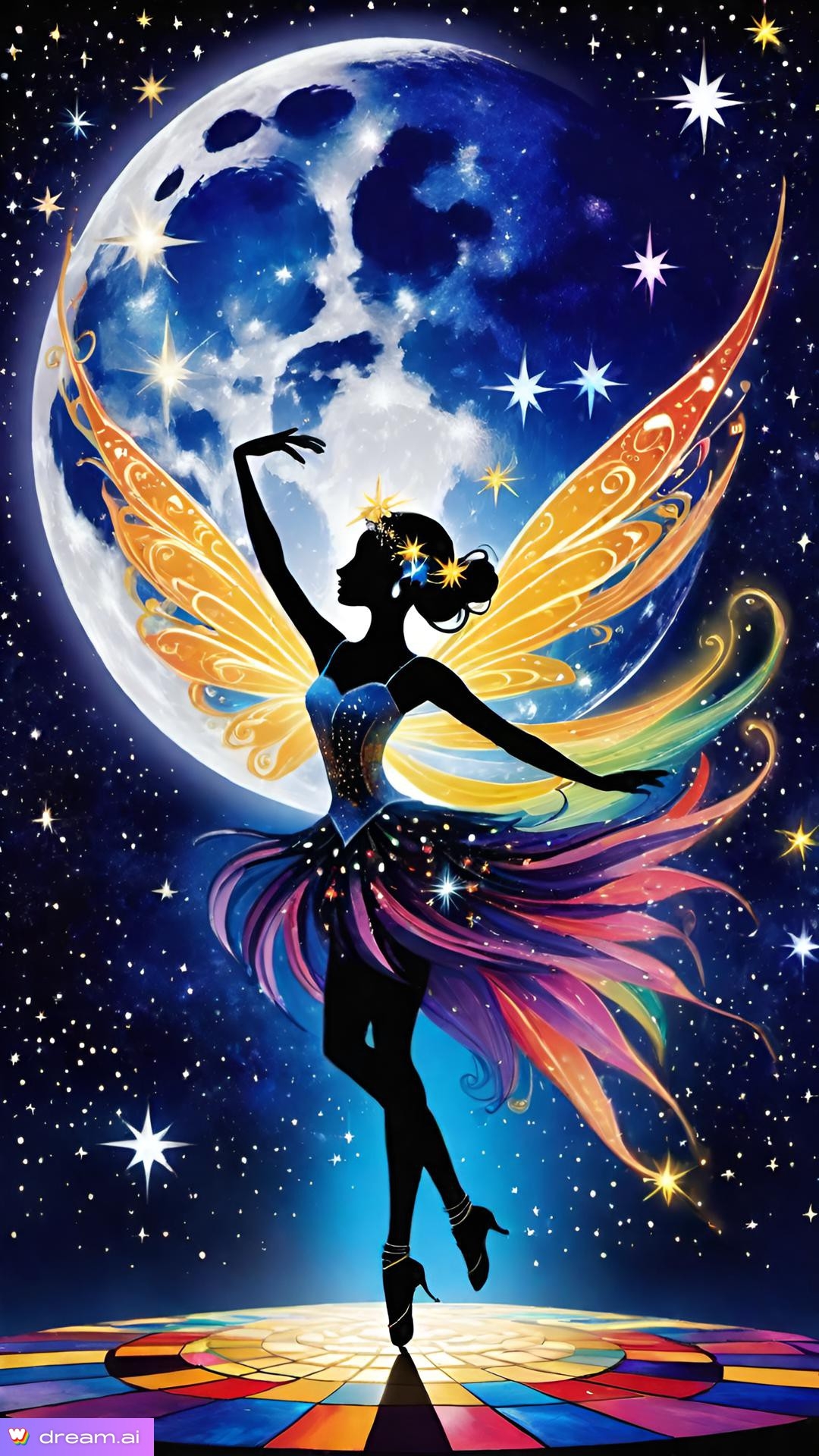 a woman in a dress with wings and a moon in the background