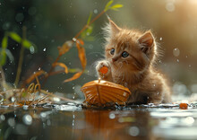 a kitten playing with a boat in the water