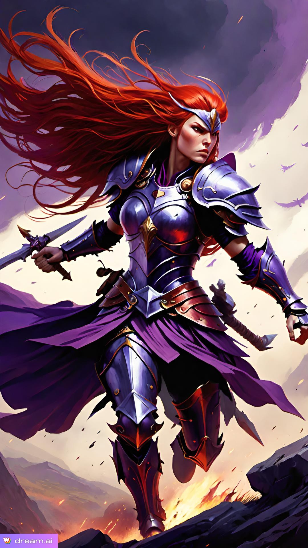 a woman in armor with long red hair holding a sword