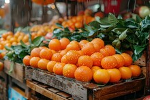 a group of oranges on a wooden crate