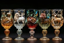 a row of wine glasses with animal designs