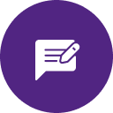 a purple circle with a white text and a pen