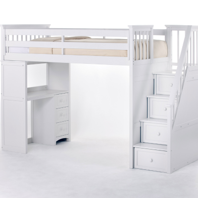 a white bunk bed with a desk and drawers