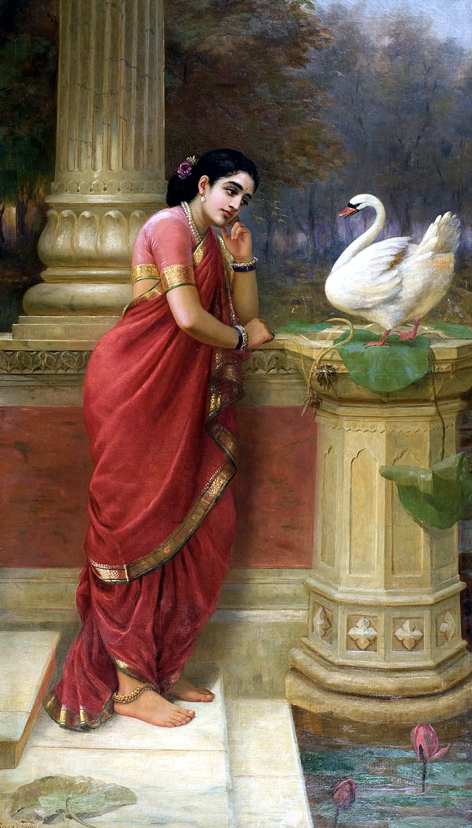 a painting of a woman in a red dress and a white swan