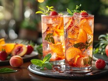 a group of glasses with fruit on a tray