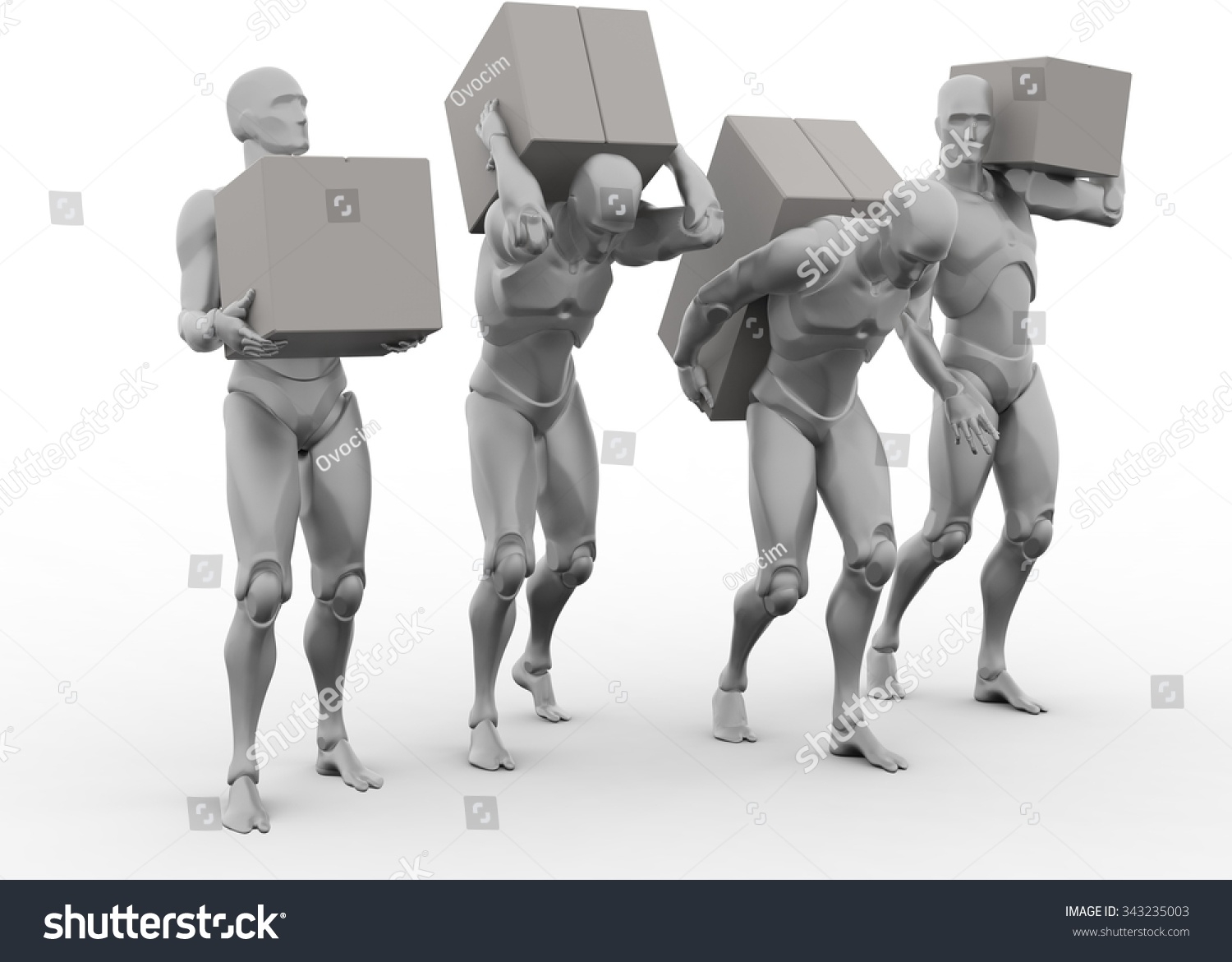 a group of white mannequins carrying boxes