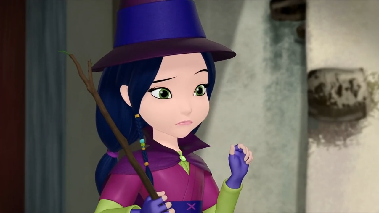 a cartoon of a girl in a purple hat and purple dress