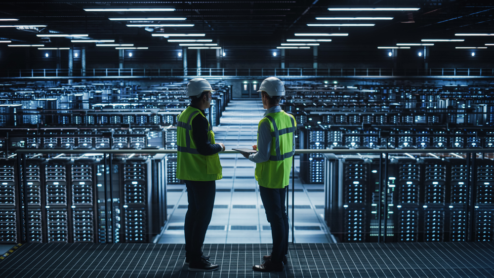 two men wearing safety vests and helmets standing in a room with rows of servers