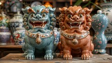 a pair of ceramic lions