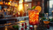 a glass of ice tea with orange slices and mint leaves