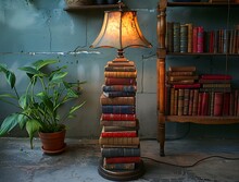 a lamp on a stack of books