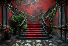 a staircase with red carpet