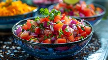 a bowl of salsa with chopped tomatoes and cilantro