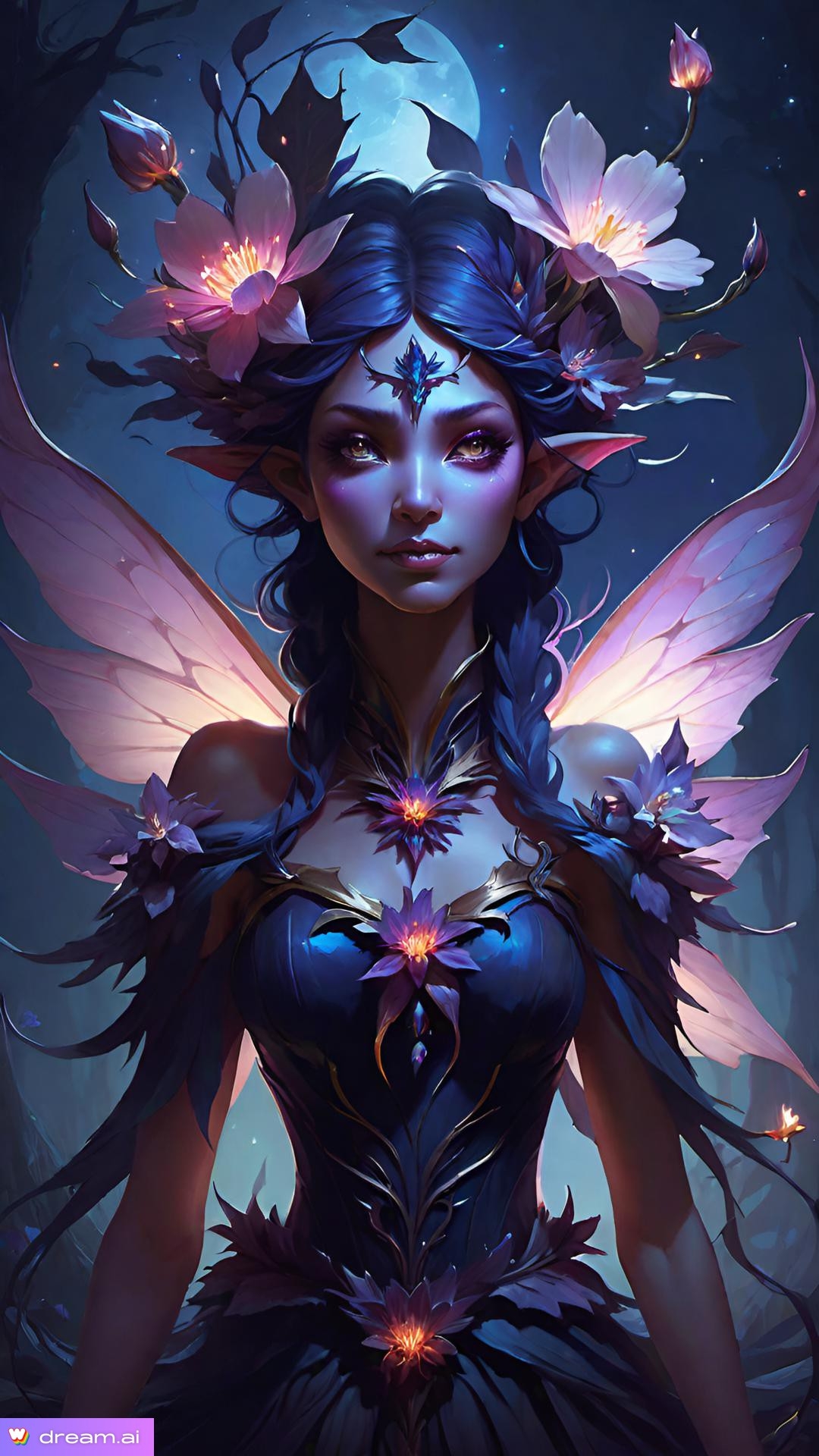 a digital art of a woman with purple hair and wings
