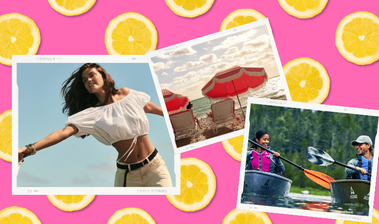 a collage of photos of a woman and a boat