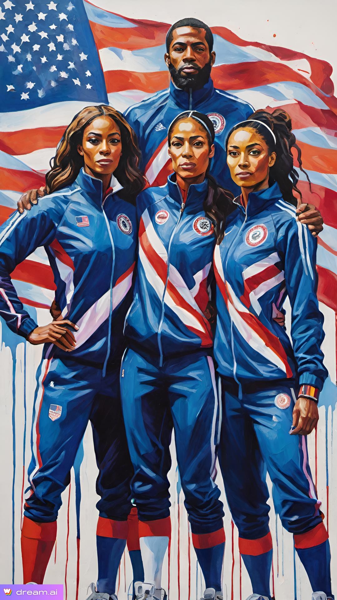 a group of women in blue tracksuits with red white and blue stripes