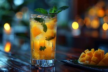 a glass of orange juice with mint leaves