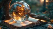 a glass ball on top of a book