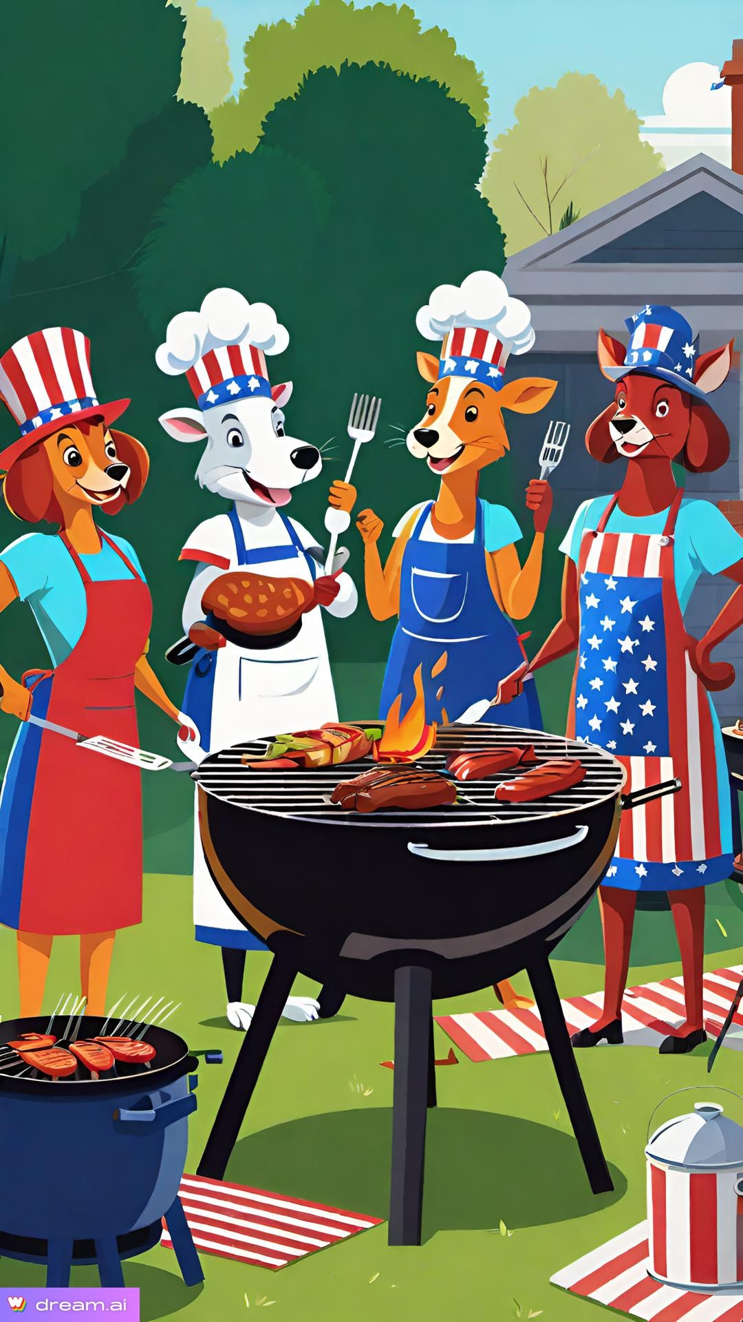 cartoon of animals cooking on a barbecue