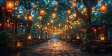 a walkway with lanterns from trees