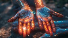 a pair of hands with glowing paint