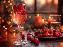 a glass of pink drink with raspberries on a table