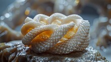 a white snake coiled up on a rock