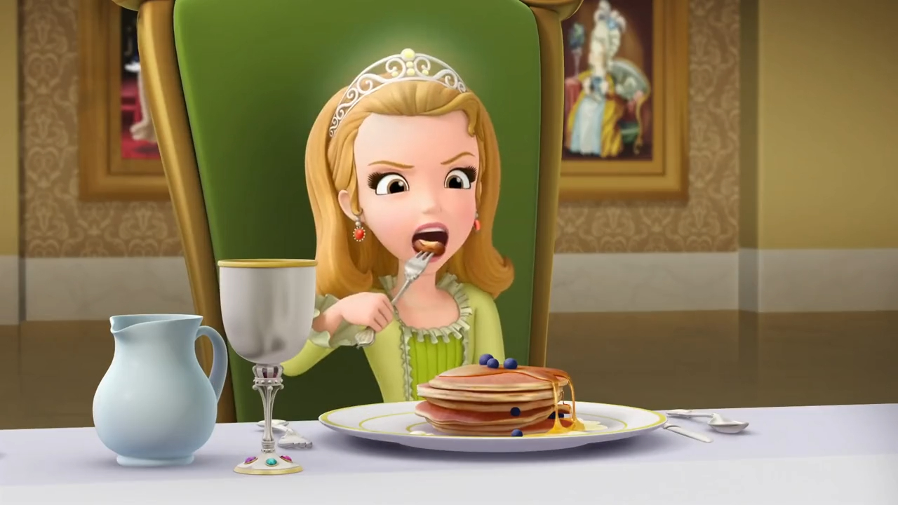 a cartoon of a princess eating pancakes