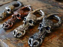 a group of metal objects with skulls