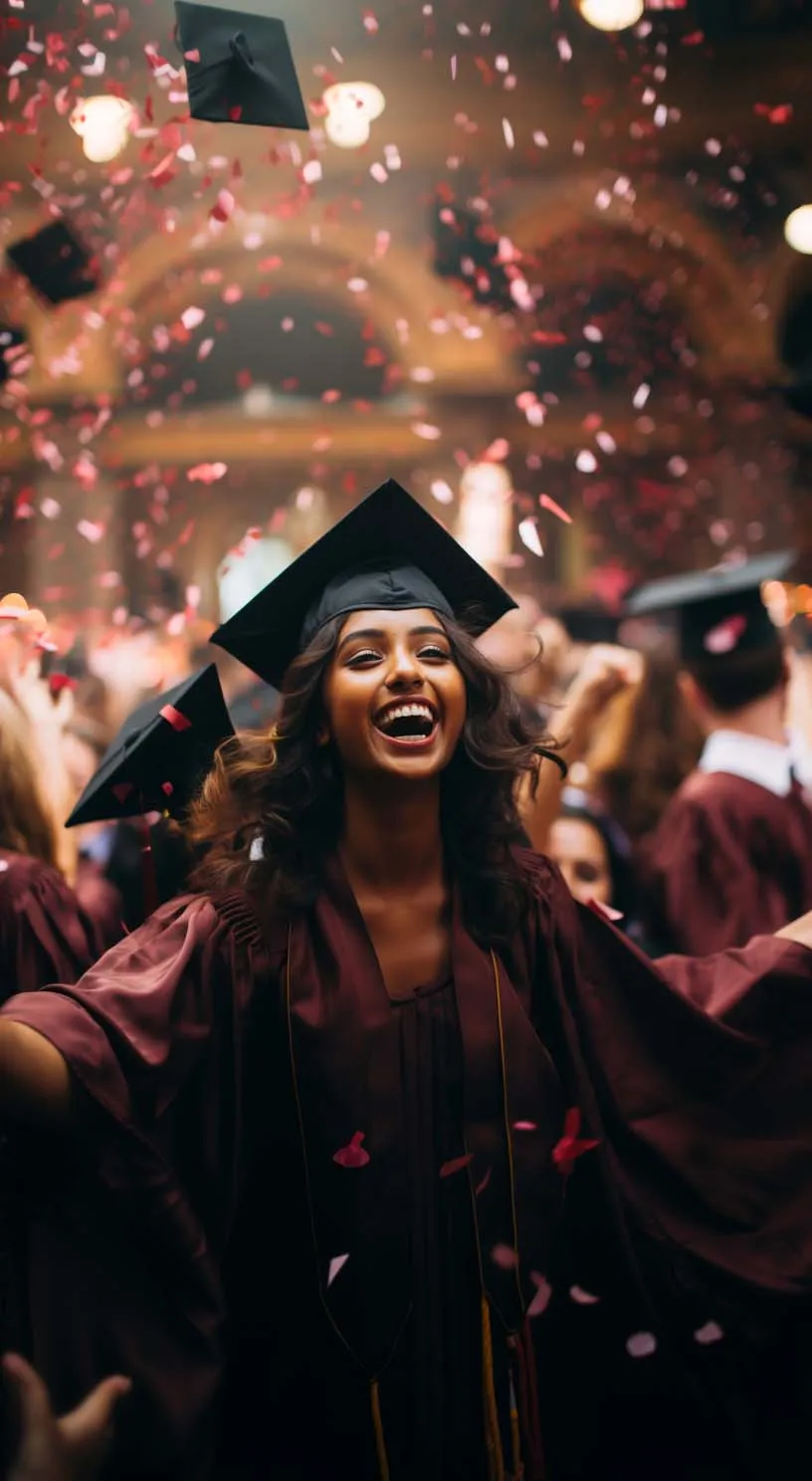 a woman in graduation gown and cap throwing confetti