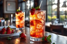 a glass of ice and strawberries on a table