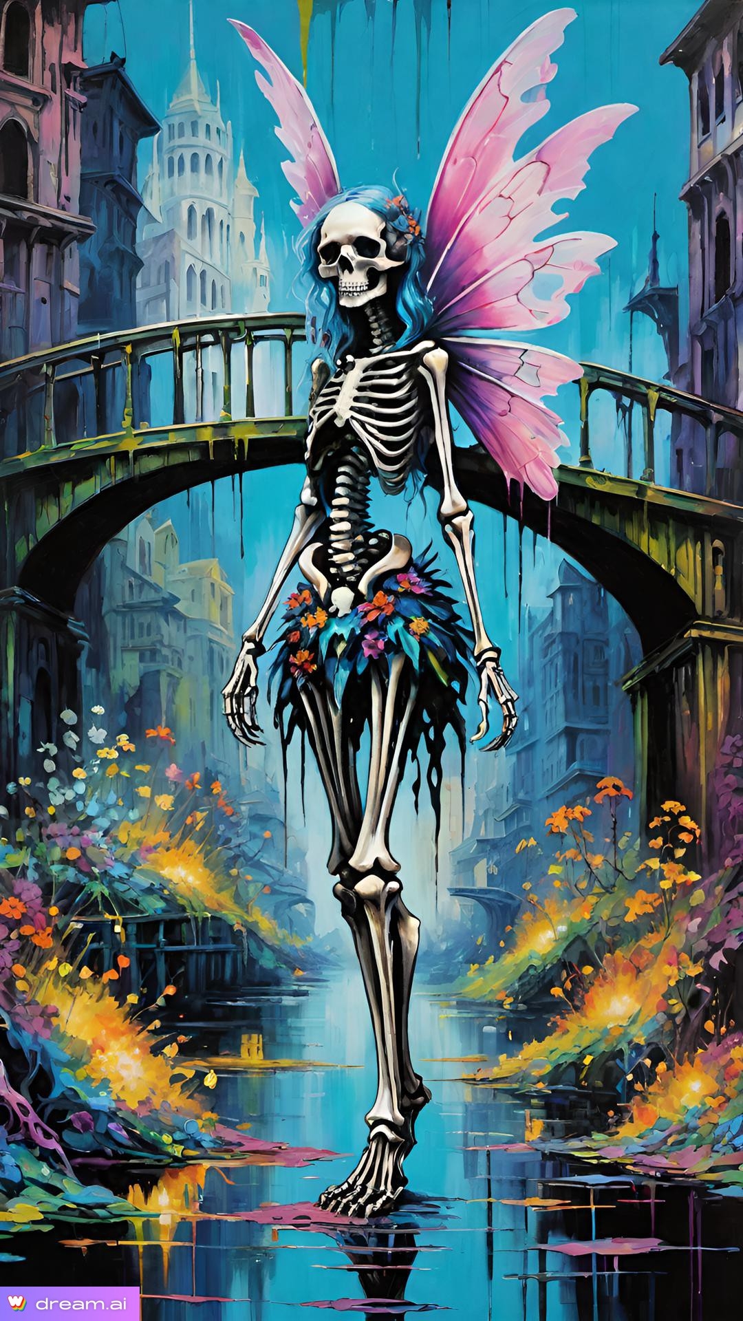 a skeleton with wings and flowers on a bridge