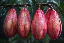 a group of red flowers on a branch