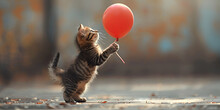 a kitten holding a balloon