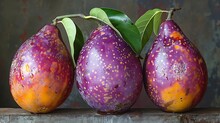 a group of purple fruits with green leaves