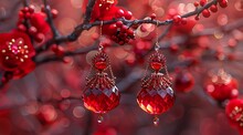 a pair of red earrings from a tree branch