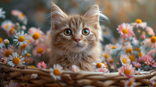 a cat in a basket of flowers