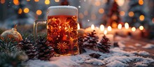 a glass of beer with a candle and pine cones