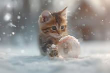 a kitten playing with a plastic container in the snow