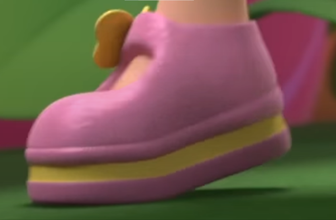 a cartoon character's foot wearing a pink shoe