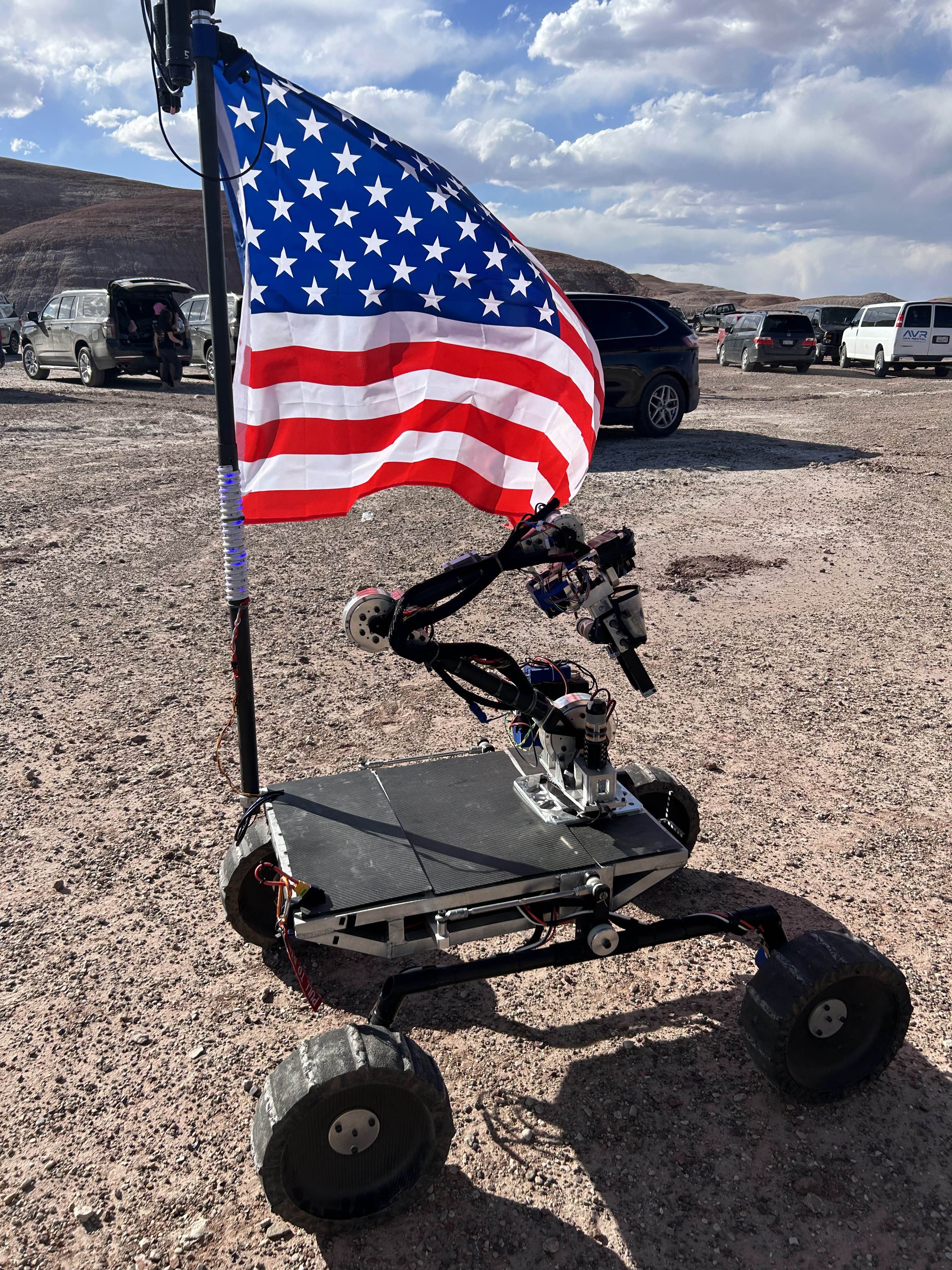 a robot with a flag on it