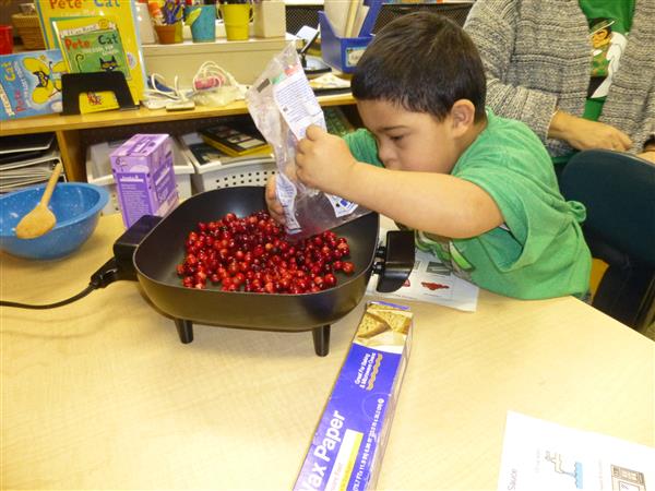 a boy putting cranberries in a pan