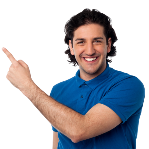 a man in a blue shirt pointing at something