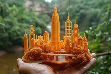 a hand holding a model of a city