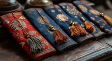 a row of books with tassels