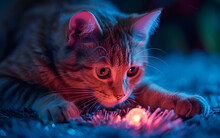 a cat looking at a glowing object