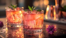 a group of glasses with ice and a flower