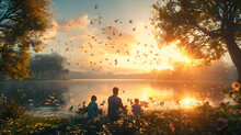 a man and two children sitting by a lake with birds flying in the sky