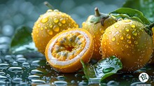 a group of fruit with water drops on them